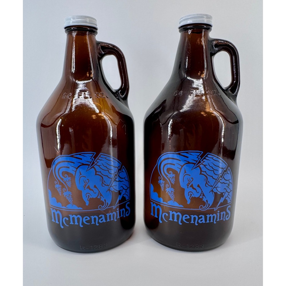 2 x McMenamins Amber Glass Beer Growlers 64oz with Blue Logo and Handle